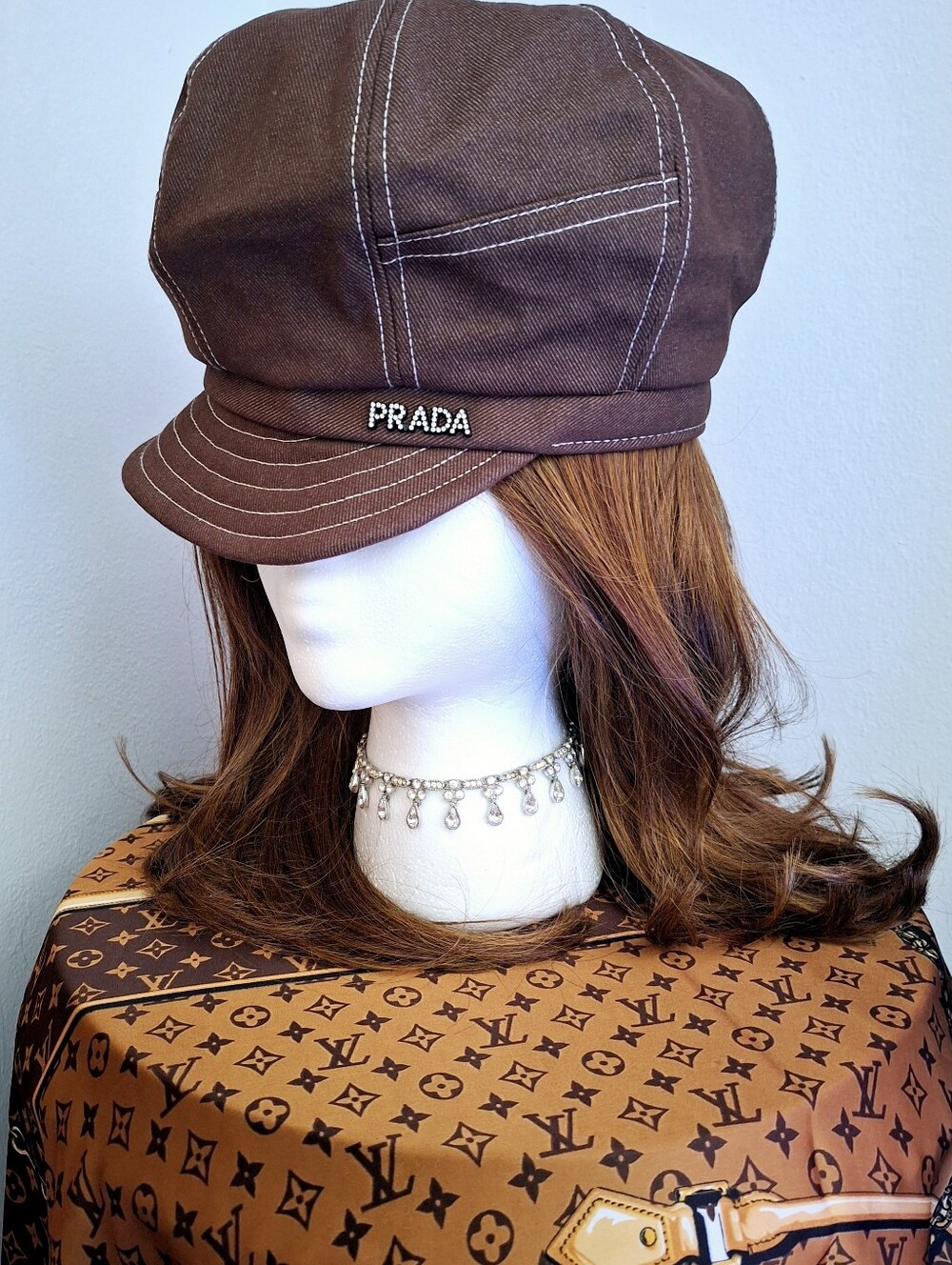 PRADA BROWN BERET HAT with CRYSTAL LETTER LOGO - Picture 2 of 12